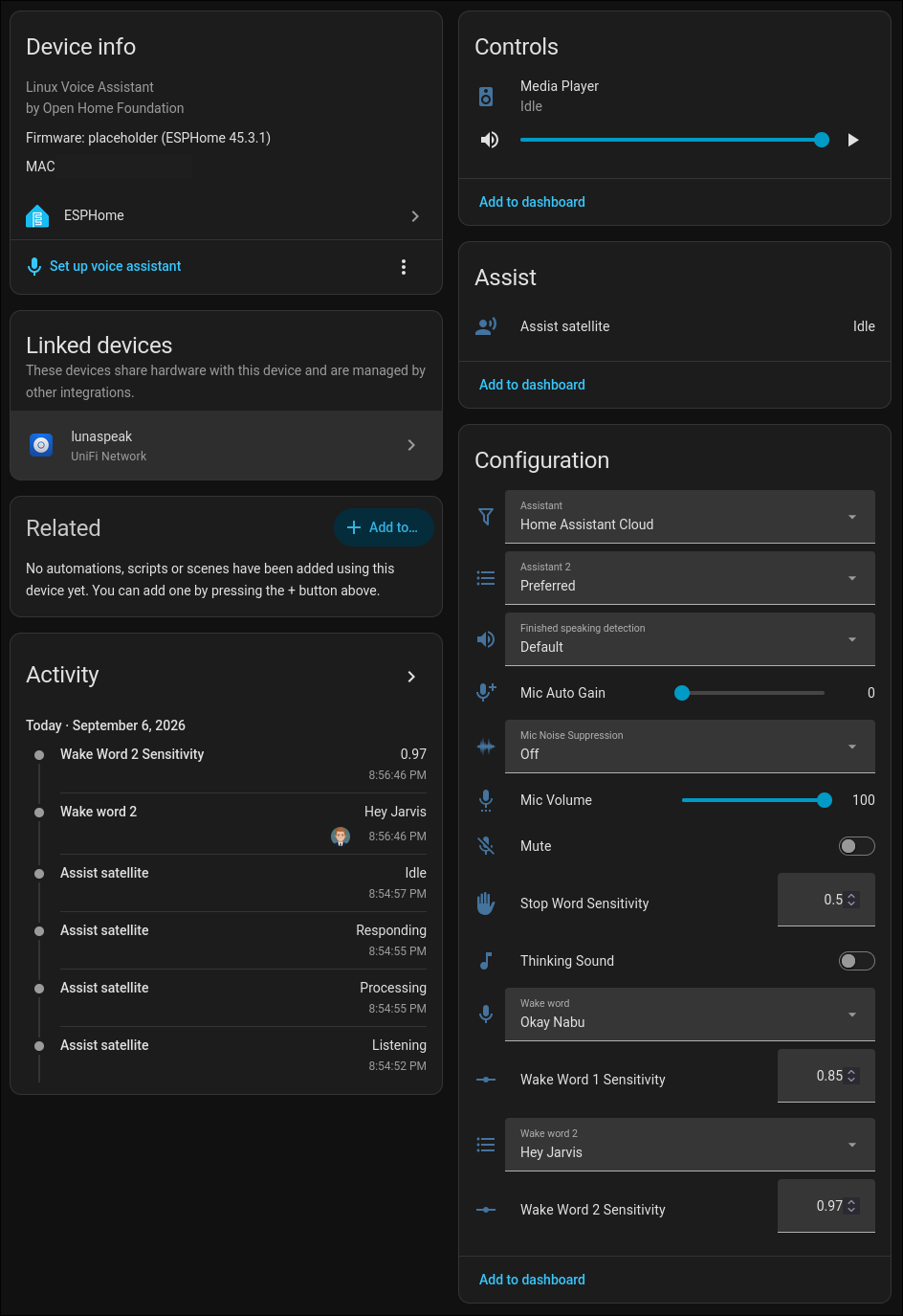 Activity log showing the Hey Jarvis wake word firing, and the Assist satellite going through listening/processing/responding